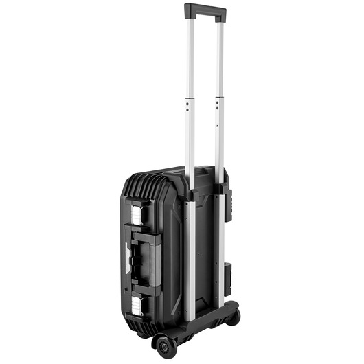 Facom BV_R30PB black rolling tool case with silver telescopic handle, shown upright on white background, side angle.