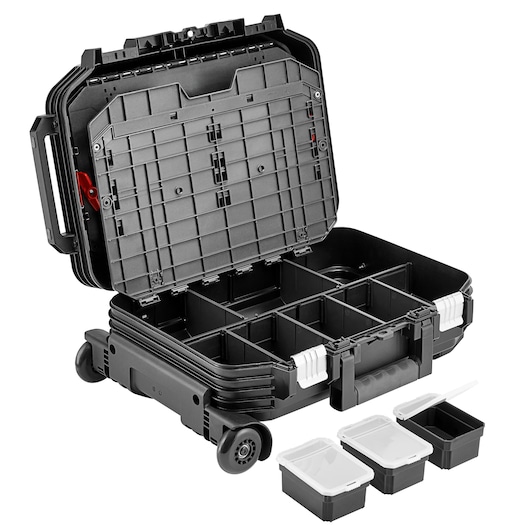 Facom BV_R30PB black rolling tool case with open lid, compartment dividers, and three removable boxes, front angle.