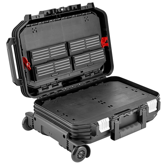 Facom BV_R30PB black rolling hard case with open lid, interior compartments, and red latches, studio angle.