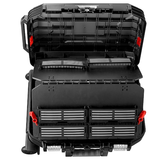 Facom BV_R30PB tool case black with red latches, open to show interior storage compartments, front angle.