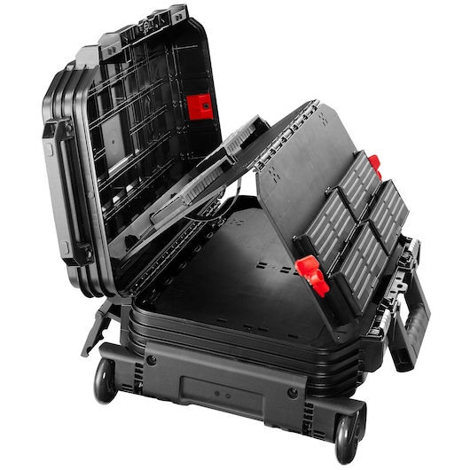 Facom BV_R30PB black rolling tool case with open compartments, red latches, and interior organizers, angled view.