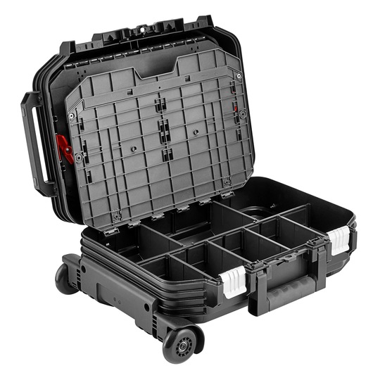 Facom BV_R30PB black rolling tool case with open lid, interior compartments, and sturdy wheels, side and top handles.