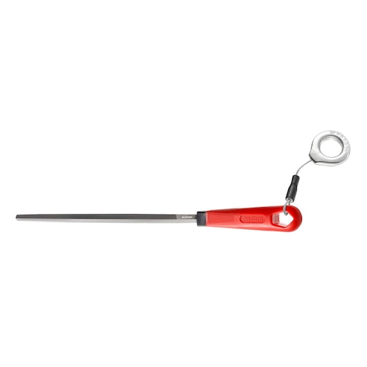 Facom flat file tool with red handle and safety lanyard, product CARMD200EMASLS, front angle photo.
