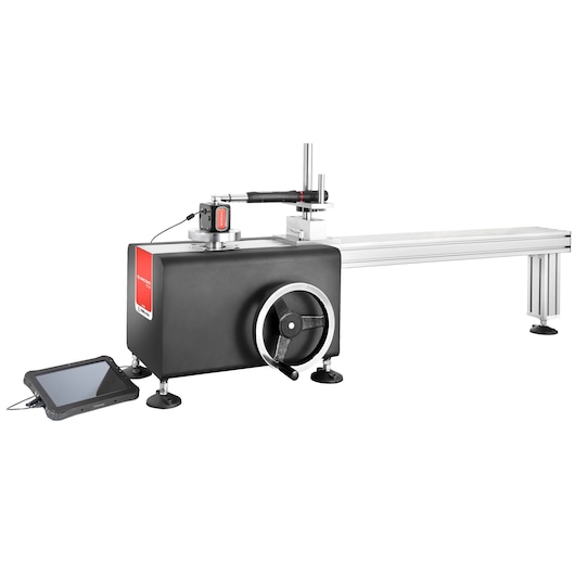 Facom CD12A calibration bench with digital controls and attached touchscreen tablet, side angle, on white background.