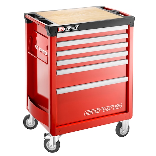 Facom CHRONO_A14M3 red tool trolley with six drawers, wood top, and caster wheels, front angle.
