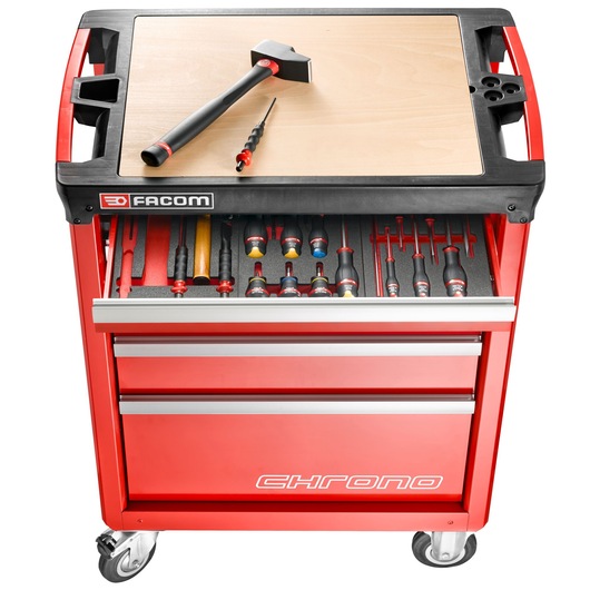 Facom CHRONO_A14M3 red tool trolley with open drawer showing assorted screwdrivers and hammer, photography front angle.