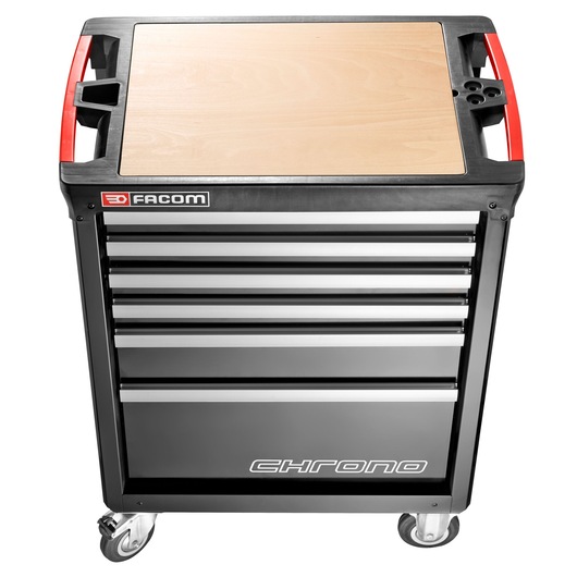 Facom CHRONO_A14M3 tool chest with wood top, six drawers, black and silver, front angle, on wheels.