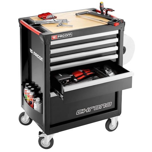 Facom CHRONO_A14M3 tool trolley with open drawer, wood top, tools and cans, front angle.