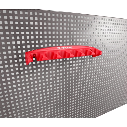 Facom CKS_08 red tool holder attached to perforated black panel, side angle photography.