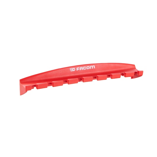Photo of Facom CKS100 red plastic tool organizer with slots, side angle on white background.