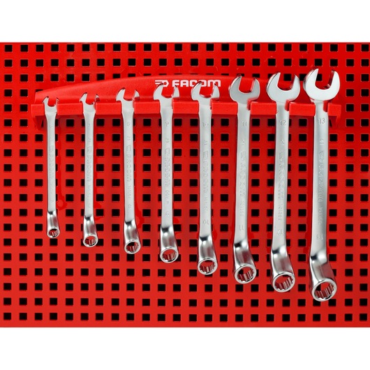 Photo of Facom CKS100 set of eight combination wrenches on red perforated holder, front angle.