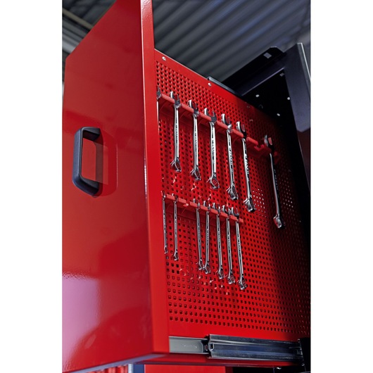 Facom CKS_101 red tool cabinet door with mounted wrenches, photography, angled view.