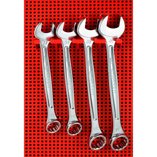 Photo of four Facom combination wrenches, sizes 33-41mm, on red perforated panel, CKS_102.