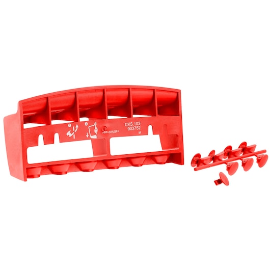 Facom CKS103 red plastic tool organizer with matching red pegs, front angle on white background.