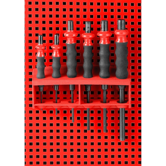 Facom CKS103 hex key driver set in black and red, mounted on red perforated panel, front angle.