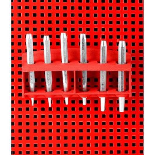 Facom CKS103 punch set in red holder, front view, mounted on red perforated panel.