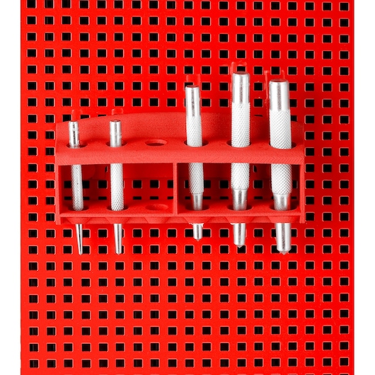 Facom CKS103 punch tool set with silver handles in red plastic holder on red perforated panel, front view.