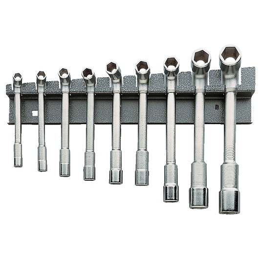 Facom CKS37A hex socket wrench set mounted on rack, silver, front angle, photography