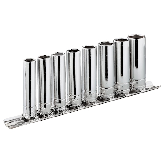 Facom CKS.89 chrome socket set with eight pieces in a holder, side angle on white background.