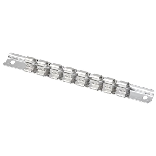 Facom CKS91 metal socket rail organizer, silver, angled side view on white background.