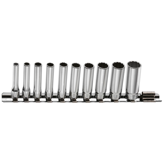 Facom CKS.93 chrome socket set with holder, front angle, photography of hand tool accessories.