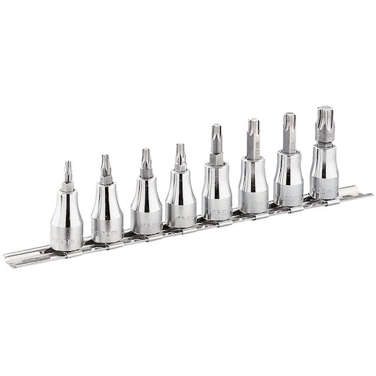 Facom CKS.95 chrome Torx socket bit set on rail, front angle, photography of eight pieces.