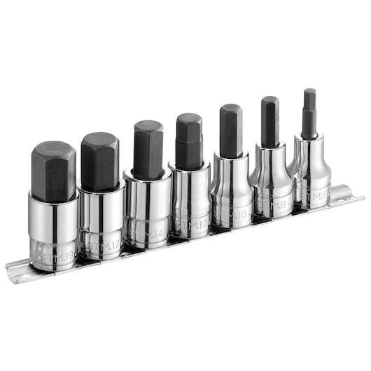 Facom CKS.97 hex bit socket set, seven pieces, chrome finish on rail, front angle, white background.