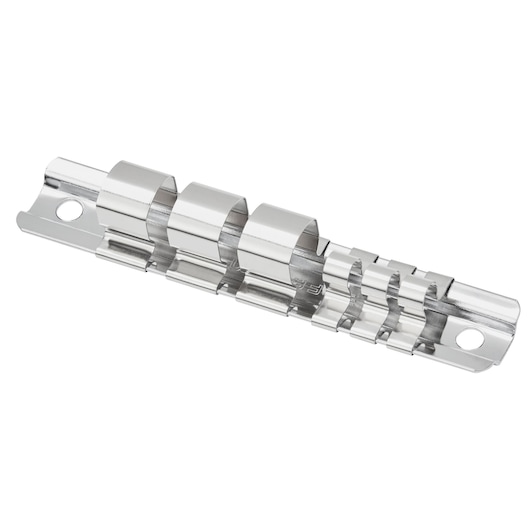 Facom CKS98 metal socket rail with five chrome clips, angled view, tool storage accessory.