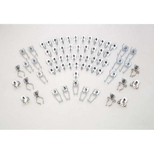 Facom CKSK3 photography of assorted metal hooks and clips set, displayed on white background, top view.