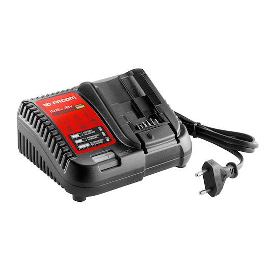 Facom CL3CH115 battery charger with red label, black casing, and EU plug, angled on white background.