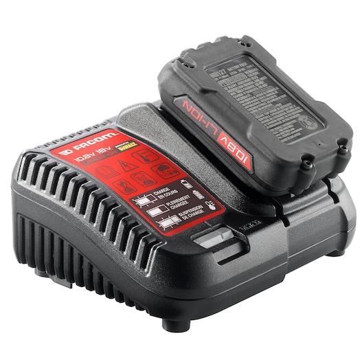 Facom CL3CH115 battery charger and battery, black and red, angled view, product photography.