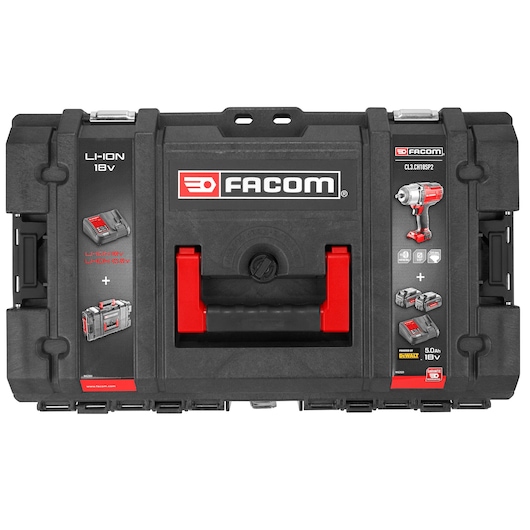 Facom CL3.CH18SP2PB black and red hard plastic tool case with central handle, product and accessory images, front angle.