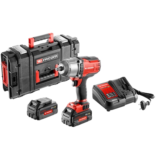 Facom cordless impact wrench kit CL3_CH18SP2 with case, two batteries and charger, front angle.