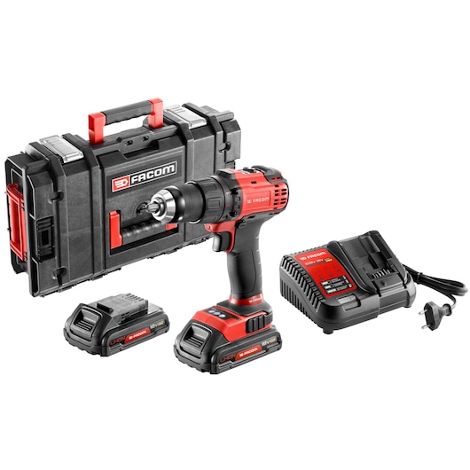 Facom CL3.P18SD2PB cordless drill kit with two batteries, charger, and black carrying case, front angle.