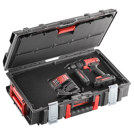 A hard plastic carrying case containing a cordless drill, two rechargeable batteries, and a battery charger. The drill and accessories are black and red. The case is open, showing the securely fitted power tools inside.