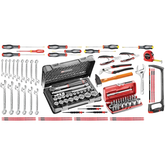 Facom CM_100A tool set with wrenches, screwdrivers, pliers, sockets, hammer, tape measure, hacksaw, photography angle.