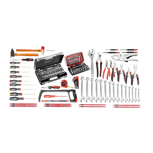 Facom CM_110A tool set with hammers, screwdrivers, wrenches, pliers, socket set, tape measure, hacksaw and accessories, top view.