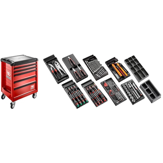 Facom CM118 red tool chest with wheels and multiple organized tool sets displayed on white background.