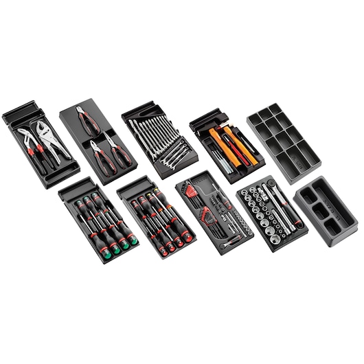 Facom CM118 tool tray set with assorted hand tools and organizers on white background, top view.