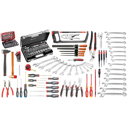 Photo of Facom CM120A tool set with assorted wrenches, screwdrivers, pliers, sockets, hammers, and cutting tools, top view.