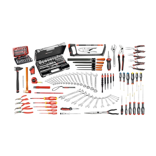 Facom CM_130A-F mechanic tool set with wrenches, screwdrivers, pliers, sockets, tape measure, and saw, top view.