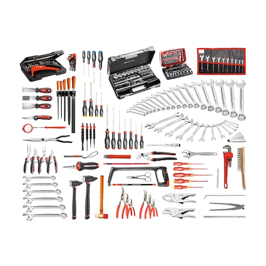 Facom CM140A-F hand tool set with assorted wrenches, screwdrivers, pliers, files, and toolboxes, top-view.