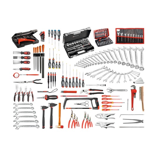 Facom CM_140A tool set with assorted wrenches, screwdrivers, pliers, hammers, and cases, top-down view on white background.