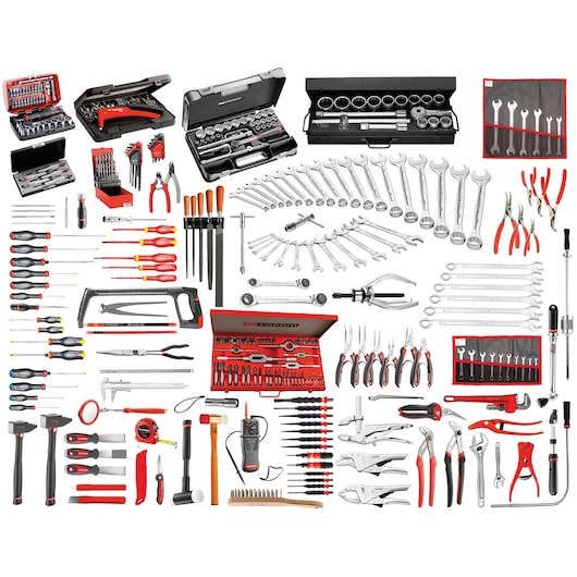 Facom CM_150A hand tool set with wrenches, screwdrivers, pliers, hammers, sockets, files, and measuring tools laid out.