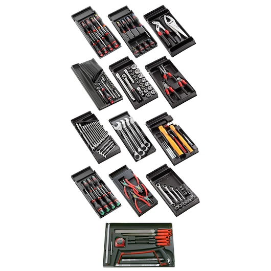 Facom CM159 hand tool tray sets, assorted screwdrivers, pliers, wrenches, sockets, and saw, top view on white.
