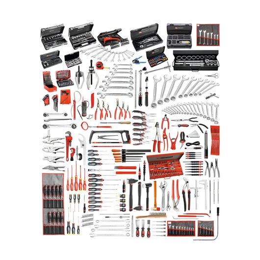 Facom CM_160A professional tool set photography, top view, assorted hand tools in cases and organized rows on white background.