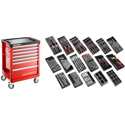Facom CM166 red tool cabinet with drawers and assorted hand tool trays, front angle, white background.