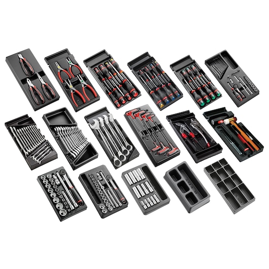 Facom CM166 photography, assorted hand tools and socket sets in black trays, top-down angle.
