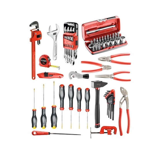 Facom CM200A hand tool set with assorted screwdrivers, pliers, wrenches, sockets, hammer, tape measure and accessories, front angle.