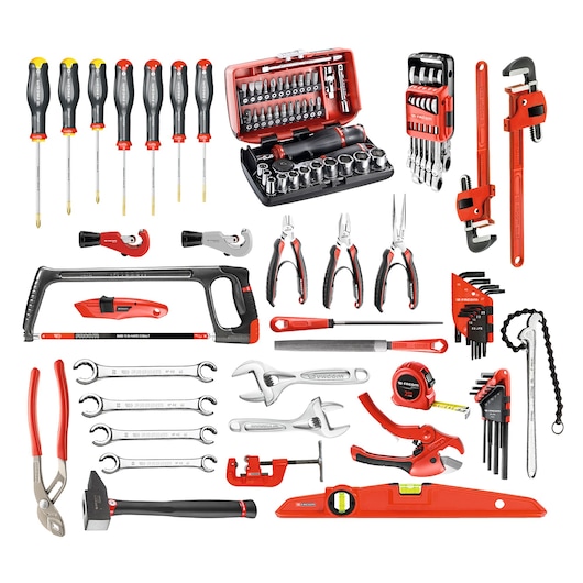 Facom CM_210A assorted hand tool set including screwdrivers, wrenches, pliers, sockets, and levels on white background.